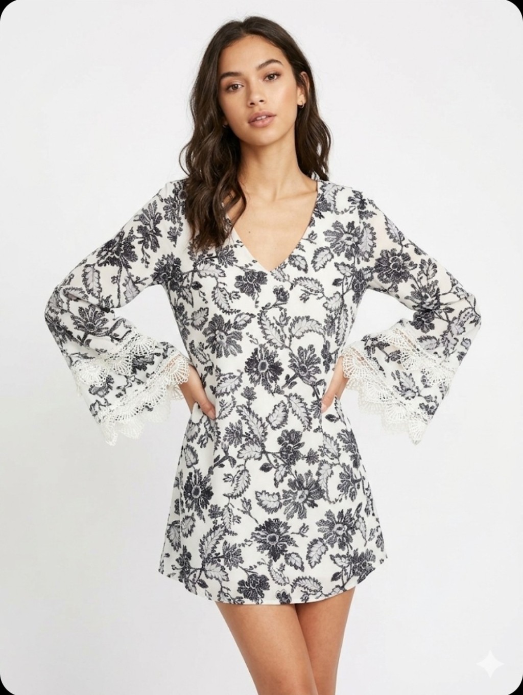 Astr The Label Floral Lace Bell-Sleeve V-Neck Mini Dress - Black On White Size S